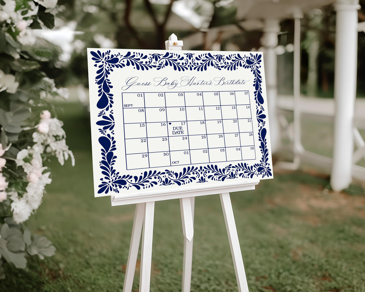 Blue Talavera Baby Shower Guess the Date Template, Spanish Tile Mexican Baby Shower Fiesta Gender Neutral Baby Sprinkle Cielito Lindo WP1018