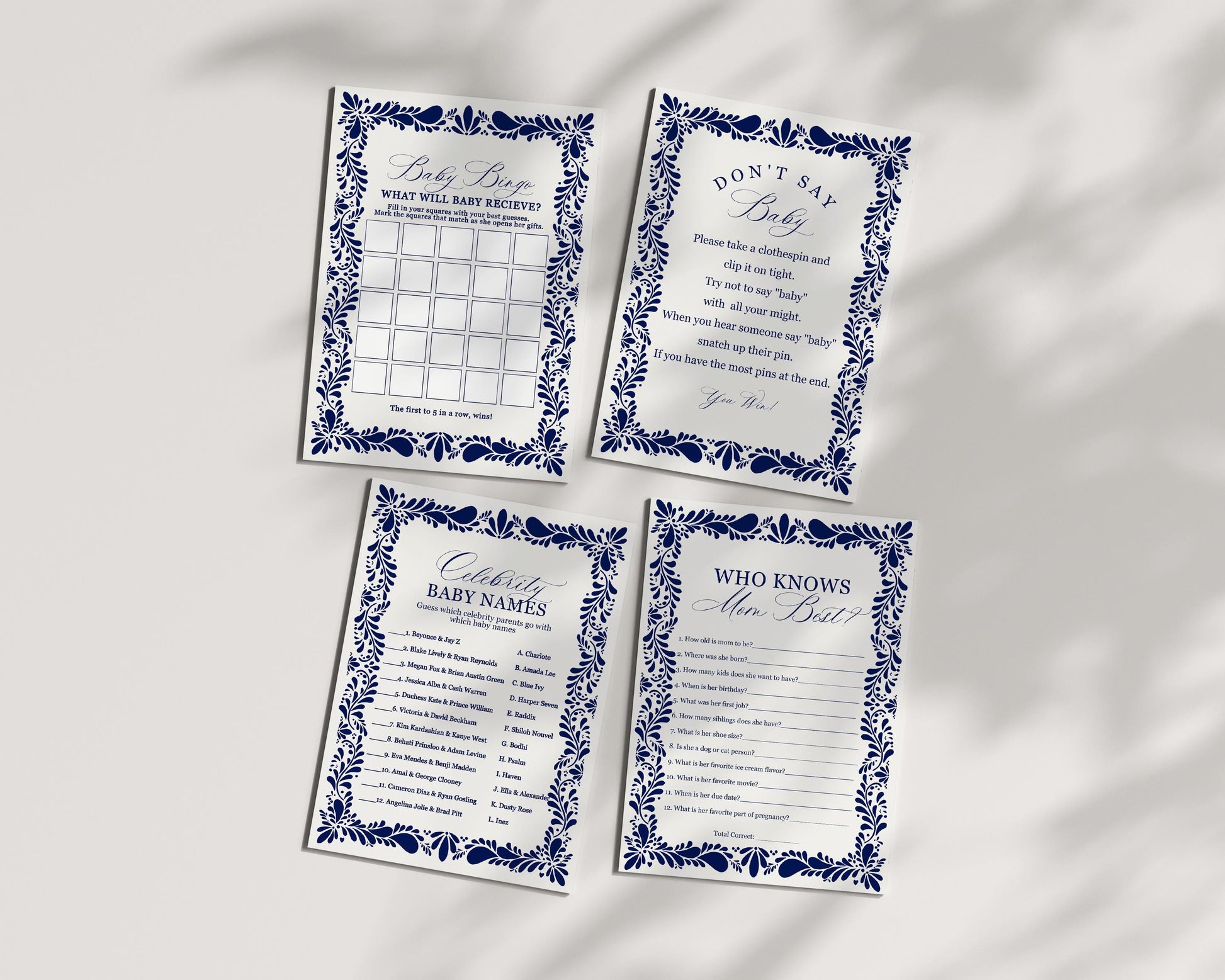 Blue Talavera Baby Shower Games Set Printable Template, Spanish Tile Mexican Shower Fiesta Gender Neutral Baby Sprinkle Cielito Lindo WP1018