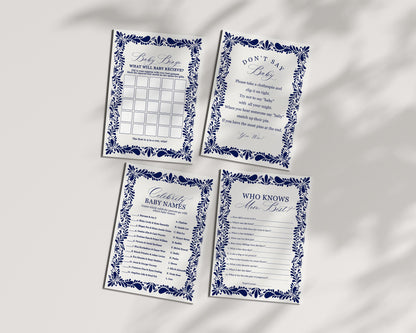 Blue Talavera Baby Shower Games Set Printable Template, Spanish Tile Mexican Shower Fiesta Gender Neutral Baby Sprinkle Cielito Lindo WP1018