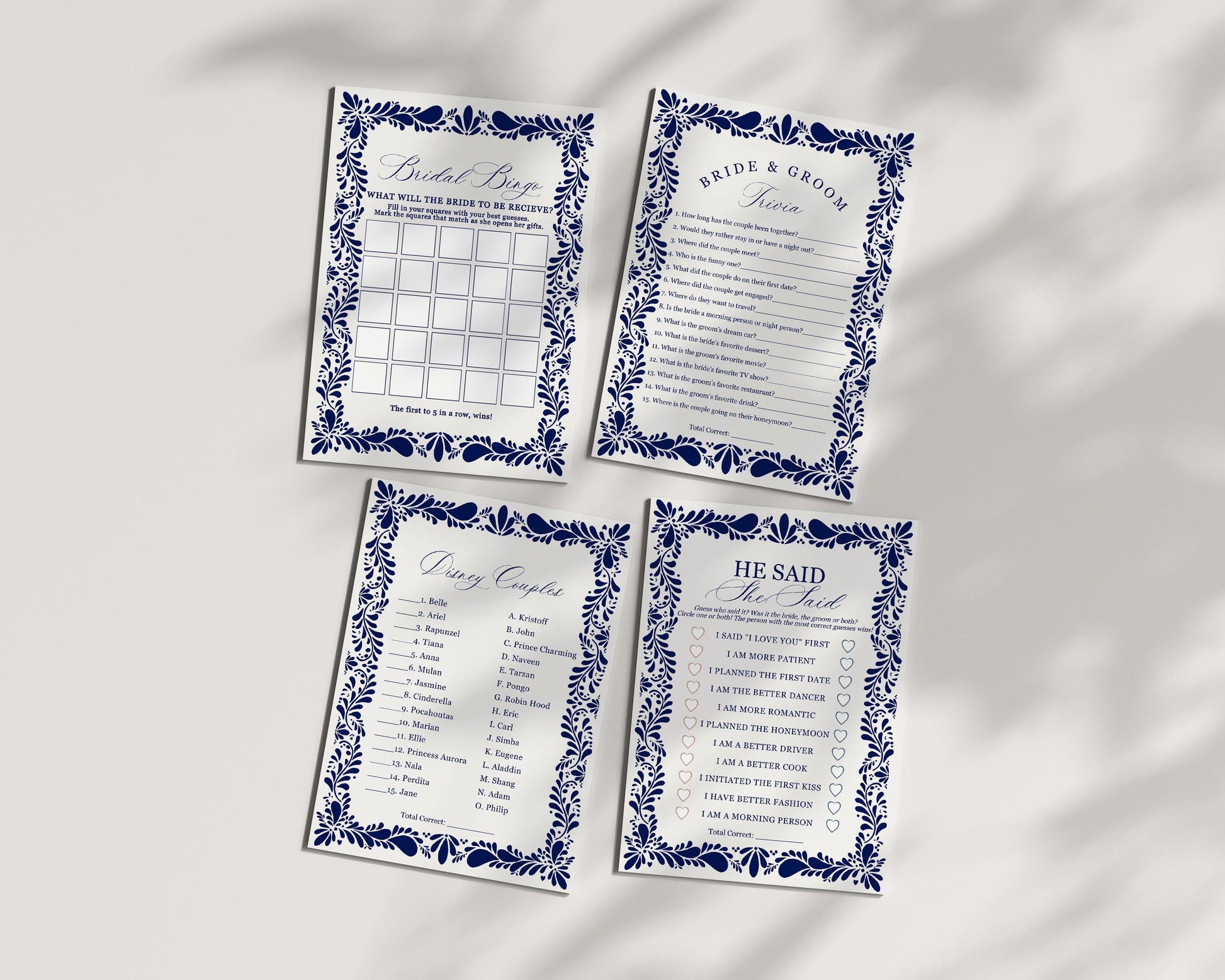 Blue Talavera Bridal Shower Games Set Printable Template, Spanish Tile Mexican Couples Shower Fiesta, Papel Picado Bridal Brunch WP1018