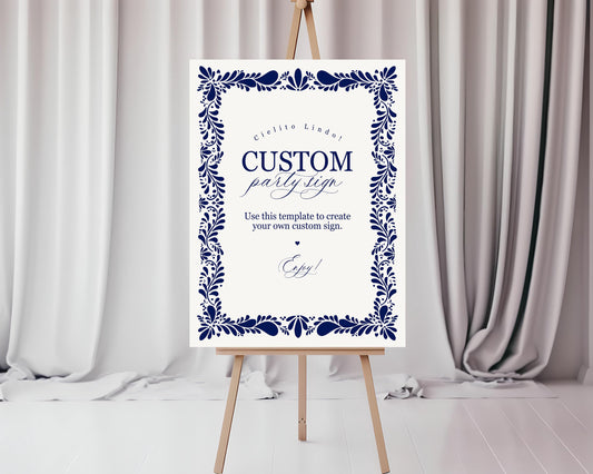 Blue Talavera Custom Sign Printable Party Decor, Spanish Mexican Baby Shower Fiesta Gender Neutral, Spanish Tile Bridal Shower Decor WP1018