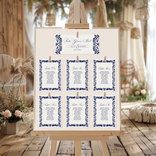 Blue Talavera Wedding Seating Chart Cards Printable Template, Spanish Tile Party, Mexican Baby Shower Fiesta, Bridal Shower Decor WP1018