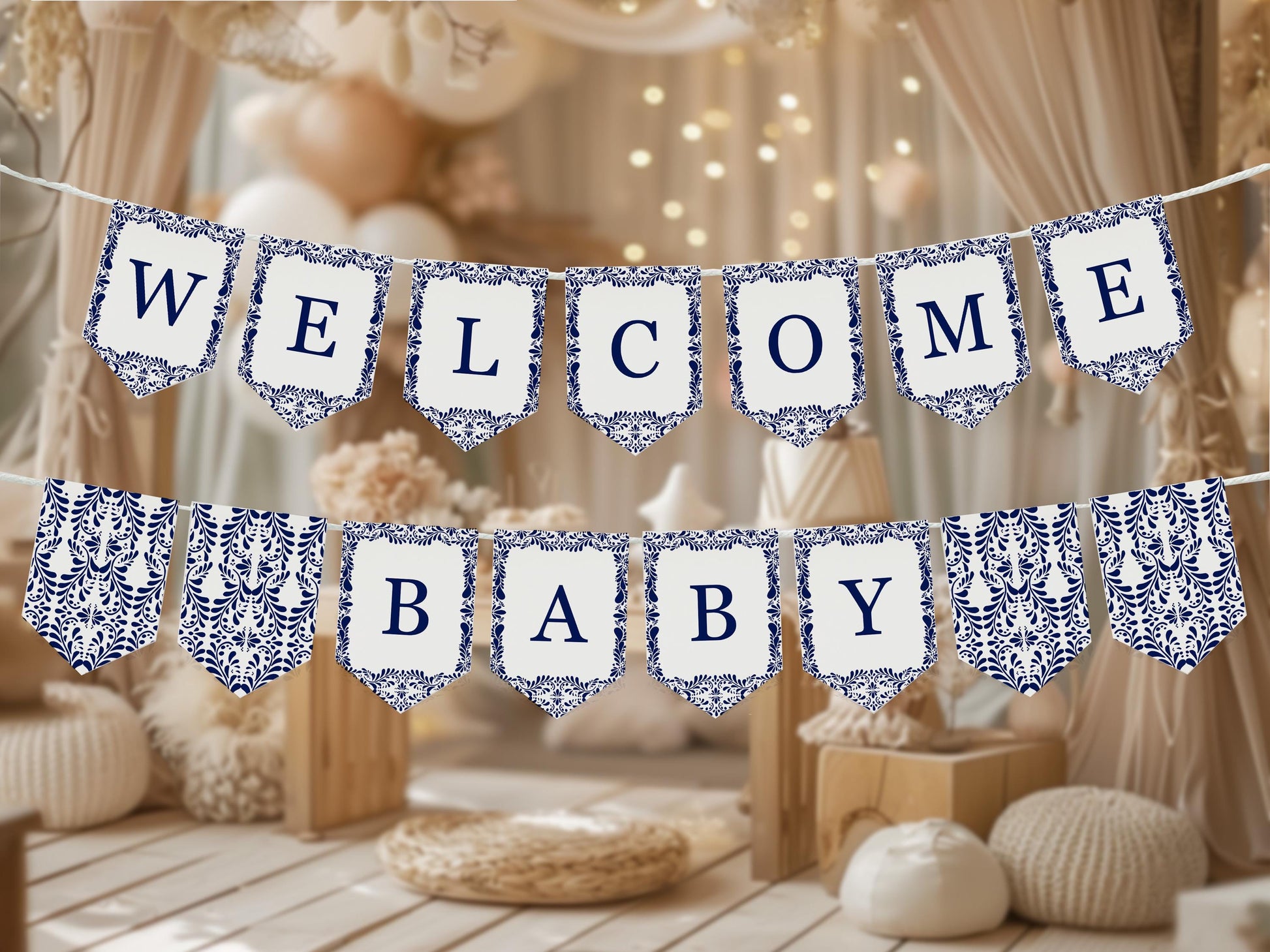 Blue Talavera Baby Shower Banner Printable Template, Spanish Tile Mexican Baby Fiesta, Gender Neutral Baby Sprinkle Cielito Lindo WP1018