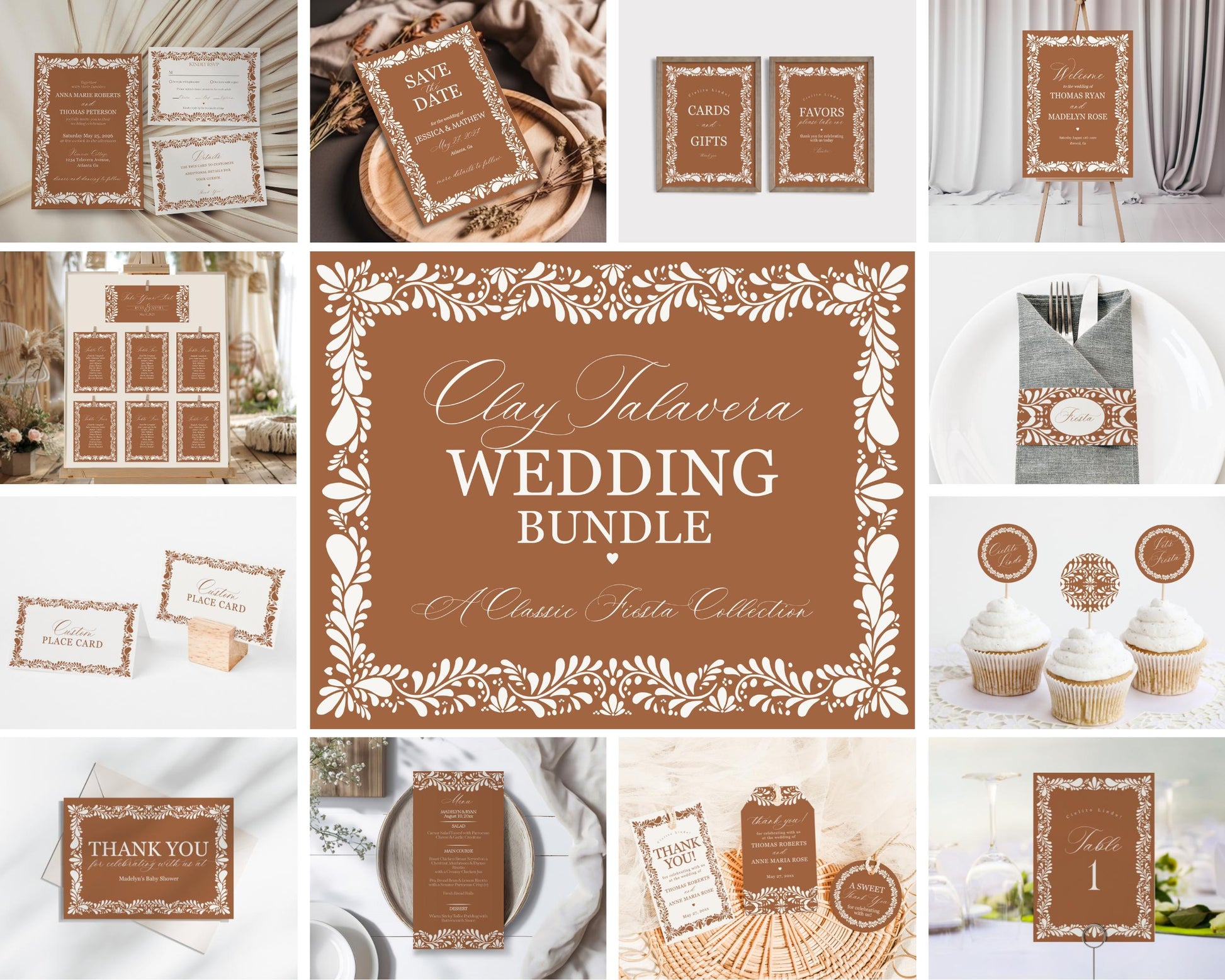 Caly Talavera Wedding Decor Printable Template Bundle, Spanish Tile Wedding Ceremony Decor, Mexican Fiesta Terracotta Wedding Decor WP1019