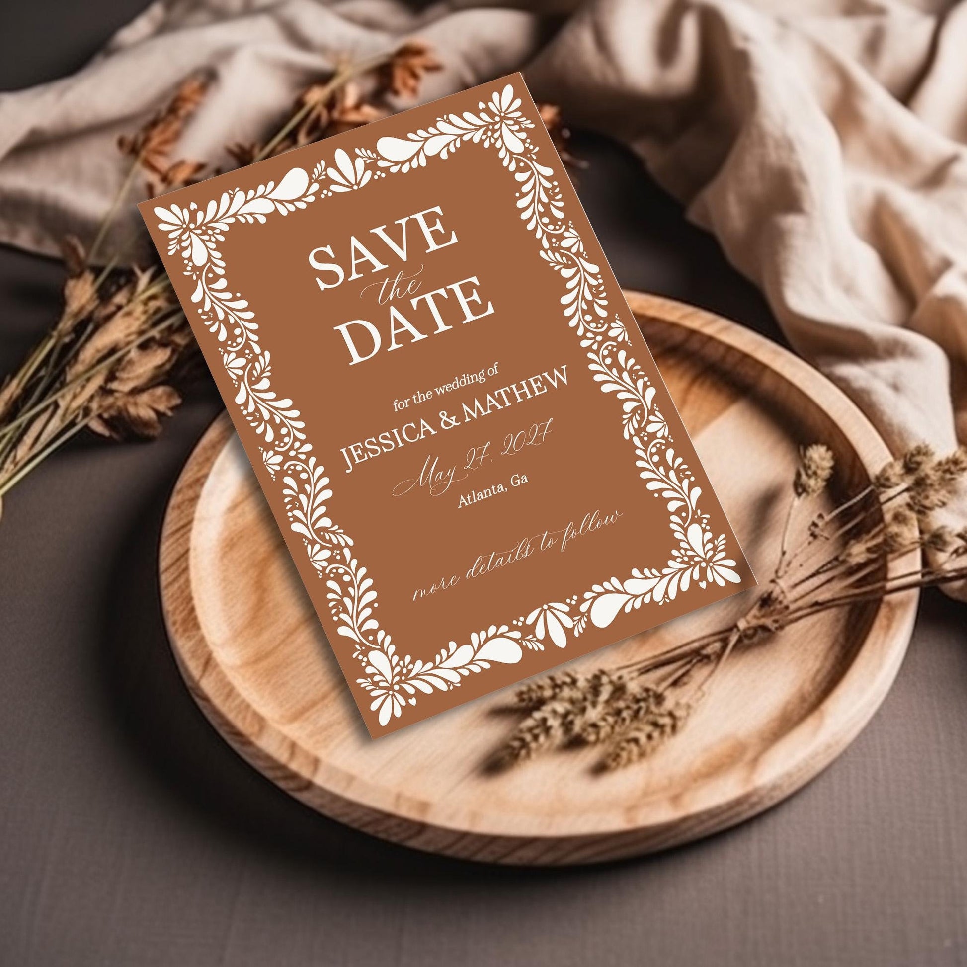 Clay Talavera Save the Date Printable Template, Burnt Orange Spanish Tile Wedding Save the Date, Mexican Fiesta Terracotta Wedding WP1019