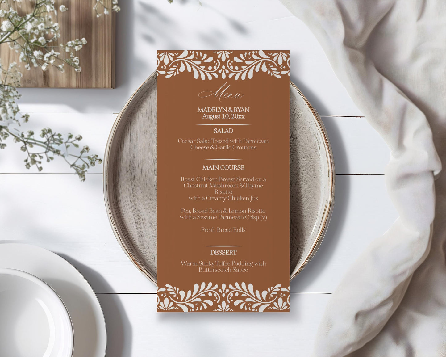 Clay Talavera Printable Menu Template, Burnt Orange Spanish Tile Wedding Decor, Mexican Baby Shower Fiesta, Terracotta Bridal Shower WP1019