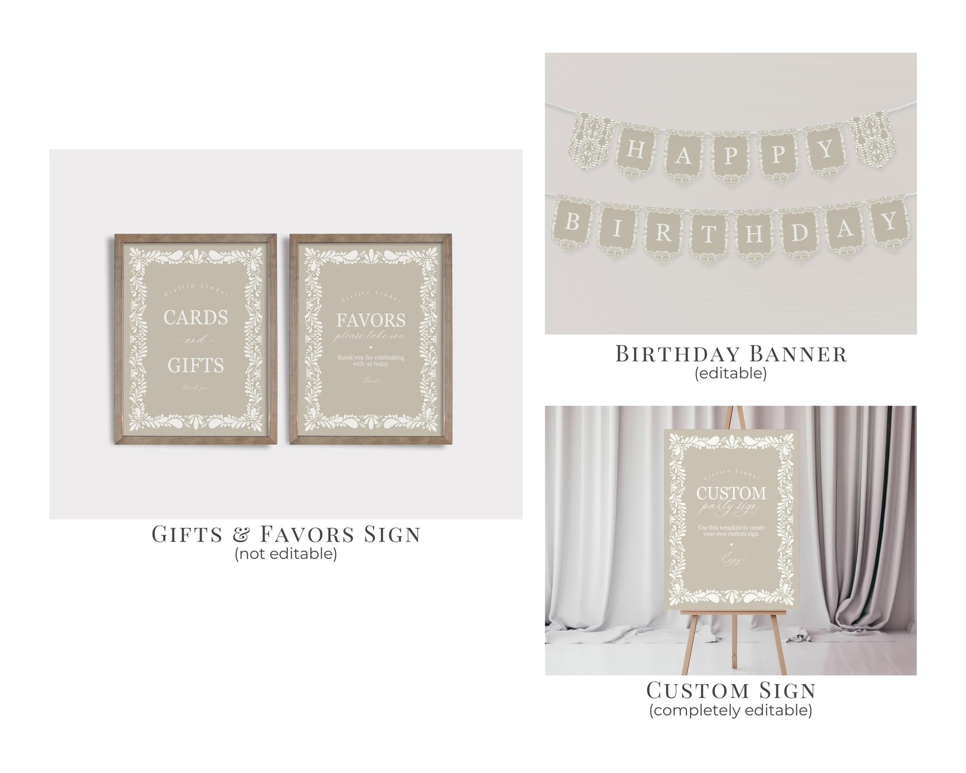 Beige Talavera First Birthday Bundle Printable Template, Neutral Spanish Tile Mexican First Fiesta, Papel Picado 1st Birthday Party WP1020