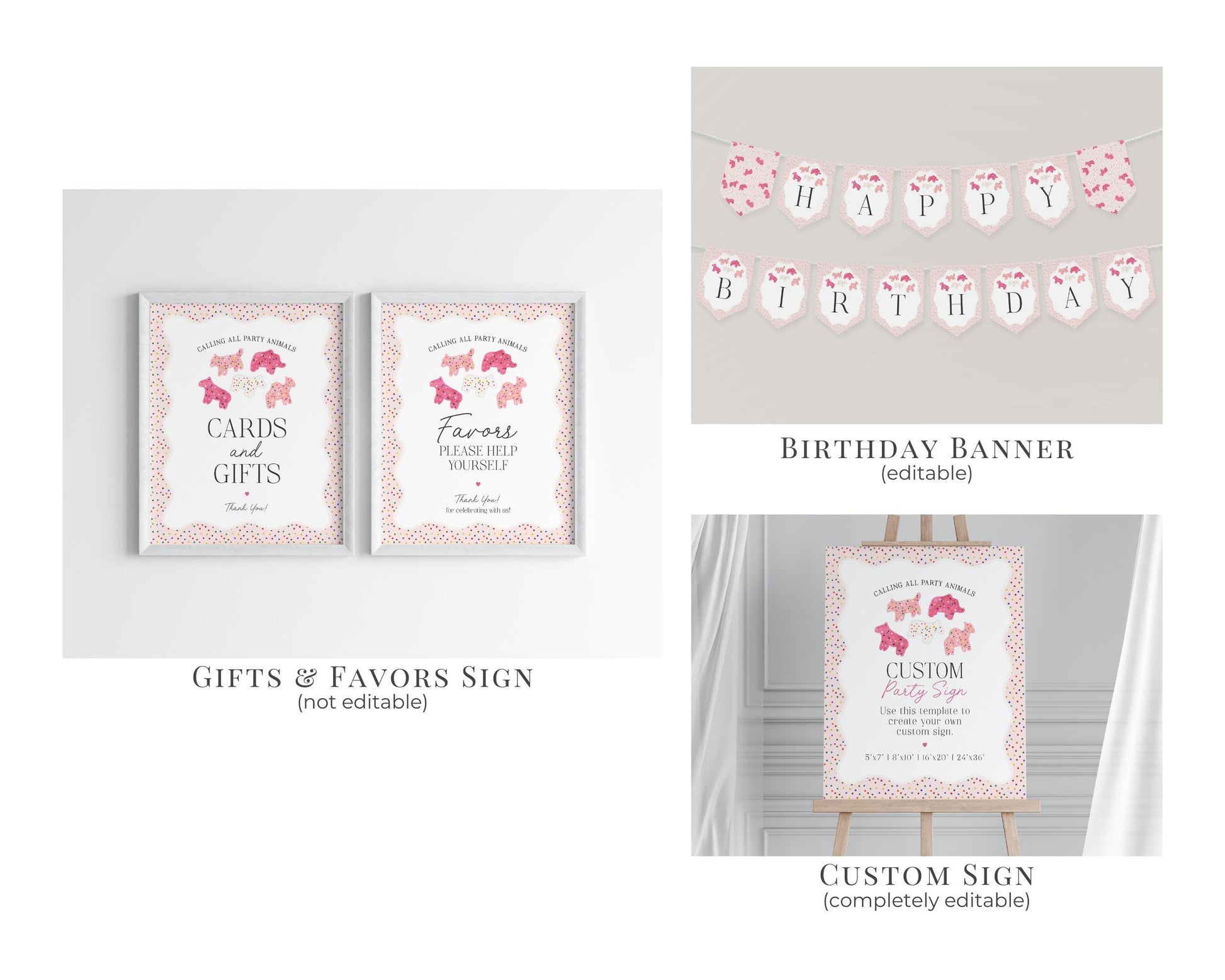 Frosted Animal Cookies First Birthday Party Bundle Template, Calling Party Animals, sweet celebration retro circus rainbow sprinkles WP1015