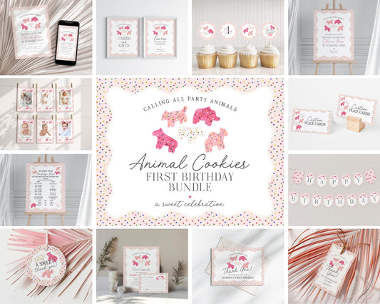 Frosted Animal Cookies First Birthday Party Bundle Template, Calling Party Animals, sweet celebration retro circus rainbow sprinkles WP1015