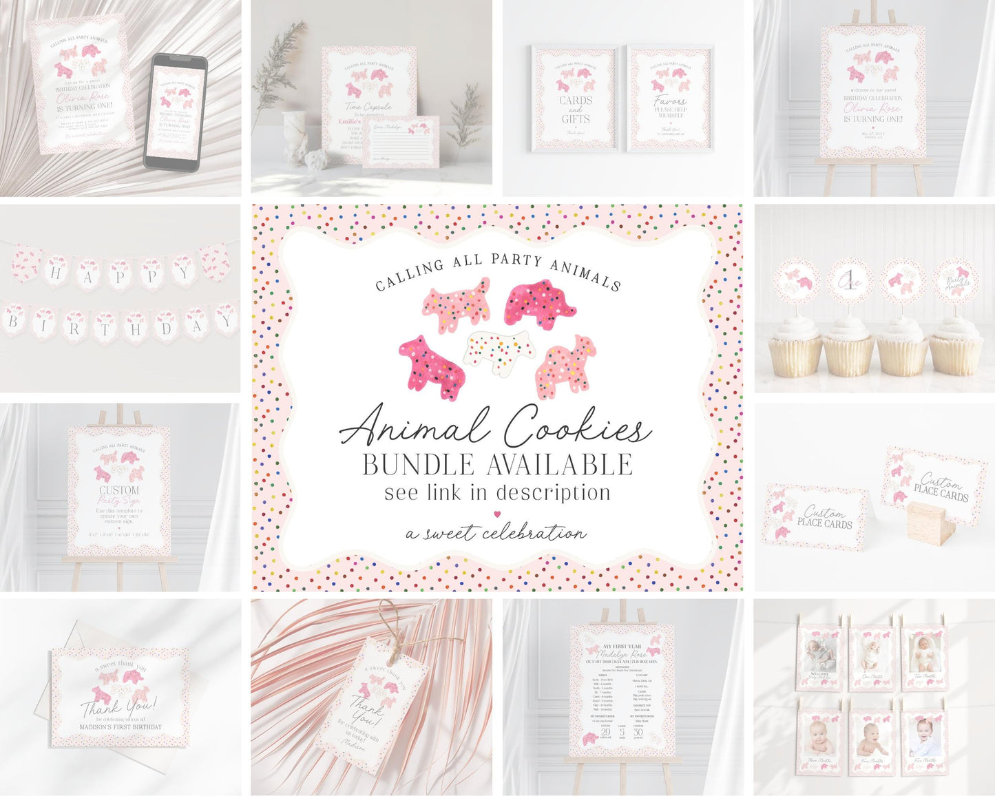 Frosted Animal Cookies Place Cards Template, Calling Party Animals, sweet celebration retro circus animals party rainbow sprinkles WP1015