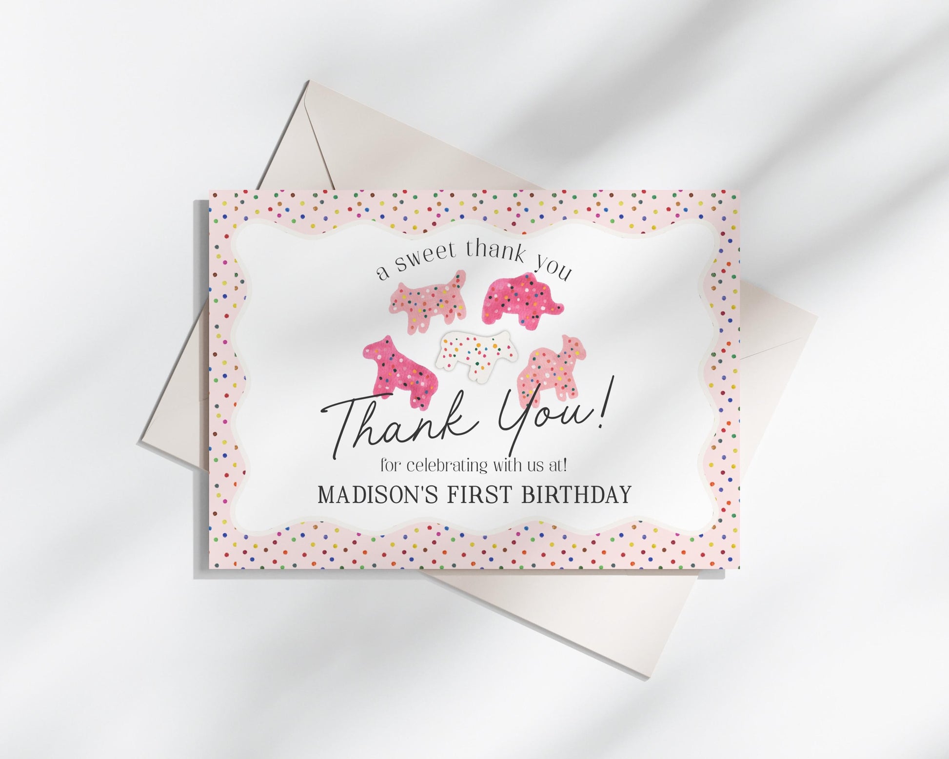 Frosted Animal Cookies Thank You Card Printable, Calling Party Animals sweet celebration retro circus animals party rainbow sprinkles WP1015