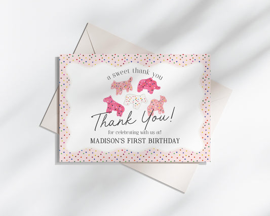 Frosted Animal Cookies Thank You Card Printable, Calling Party Animals sweet celebration retro circus animals party rainbow sprinkles WP1015