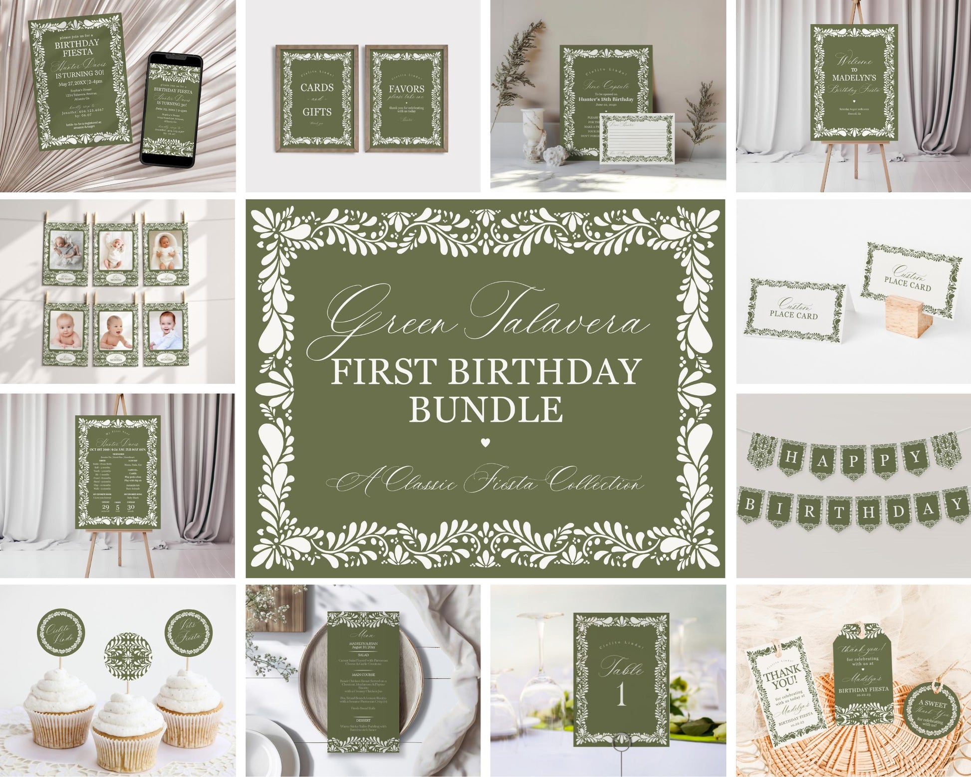 Green Talavera First Birthday Bundle Printable Template, Olive Spanish Tile Mexican First Fiesta, Terracotta 1st Birthday Party Decor WP1021