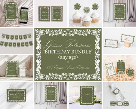 Green Talavera Birthday Bundle Printable Template, Olive Spanish Tile Mexican Birthday Fiesta, Terracotta Birthday Party Decor WP1021