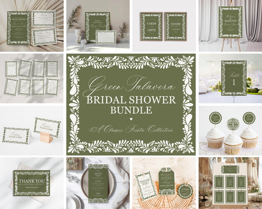 Green Talavera Bridal Shower Printable Template Bundle, Olive Spanish Tile Mexican Couples Shower Fiesta, Terracotta Bridal Brunch WP1021