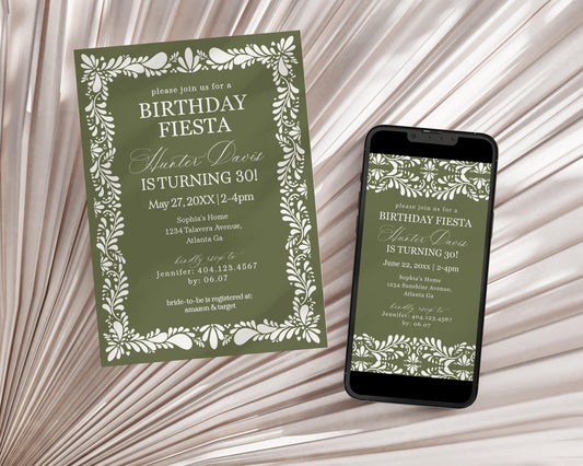 Green Talavera Birthday Invitation Printable Template, Olive Spanish Tile Mexican Birthday Fiesta, Terracotta Birthday Party Decor WP1021