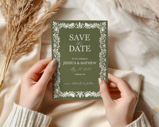 Green Talavera Save the Date Printable Template, Olive Spanish Tile Wedding Ceremony Decor, Mexican Fiesta Terracotta Wedding Decor WP1021