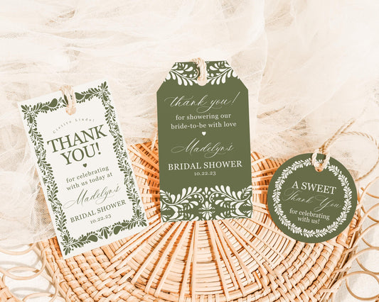 Green Talavera Bridal Shower Favor Tags Template, Olive Spanish Tile Mexican Couples Shower Fiesta, Terracotta Bridal Brunch WP1021