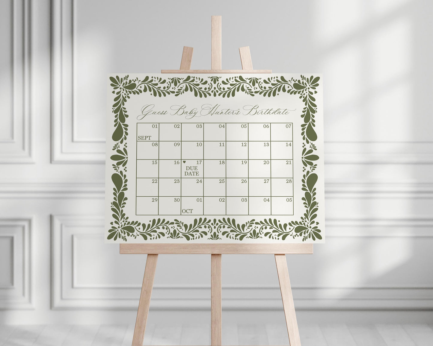 Green Talavera Baby Shower Guess the Date Template, Olive Spanish Tile Mexican Baby Fiesta, Terracotta Baby Sprinkle Cielito Lindo WP1021