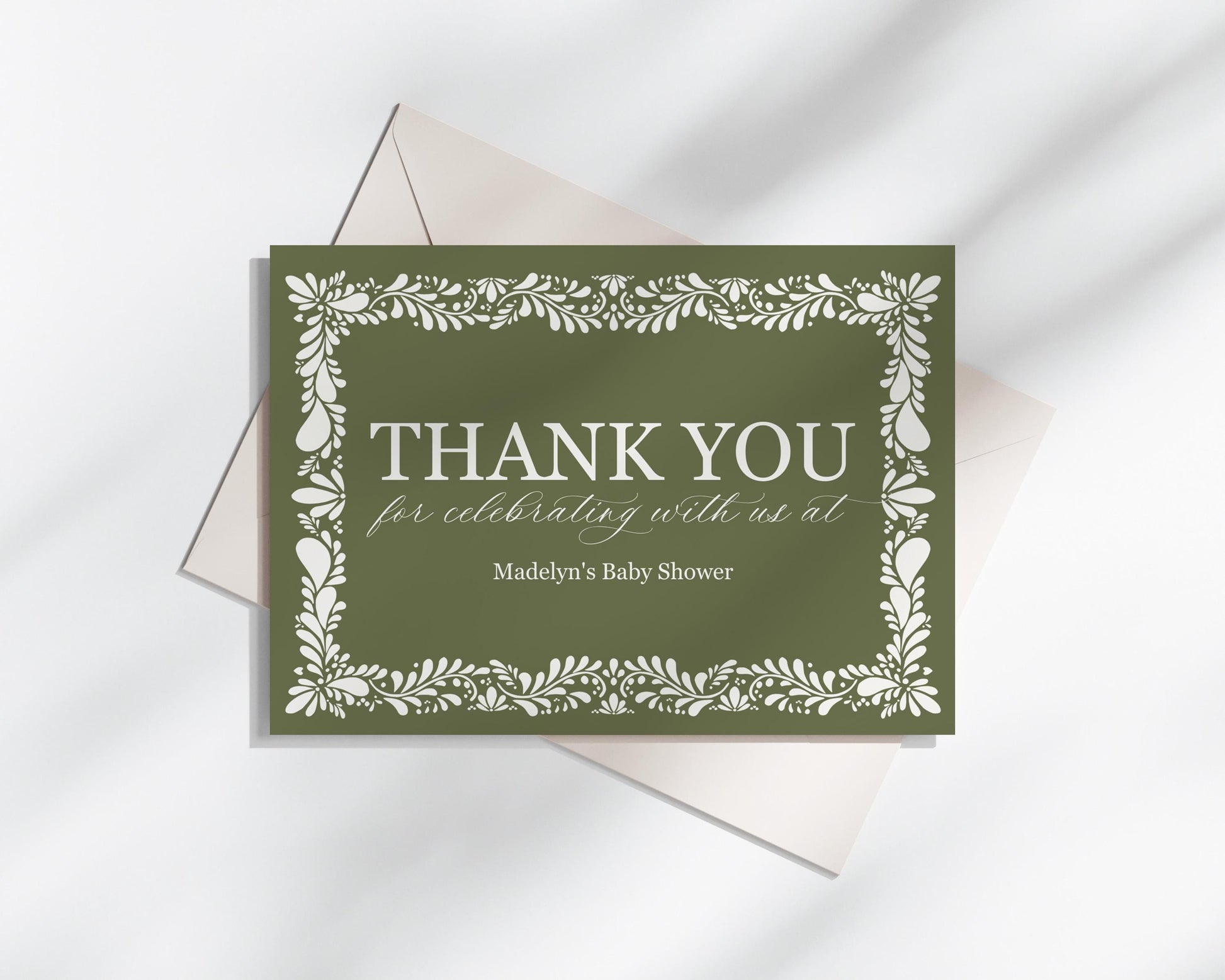 Green Talavera Thank You Card Template, Olive Spanish Tile Wedding Decor, Mexican Baby Shower Fiesta, Terracotta Bridal Shower WP1021