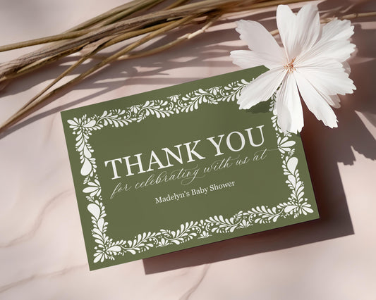 Green Talavera Thank You Card Template, Olive Spanish Tile Wedding Decor, Mexican Baby Shower Fiesta, Terracotta Bridal Shower WP1021