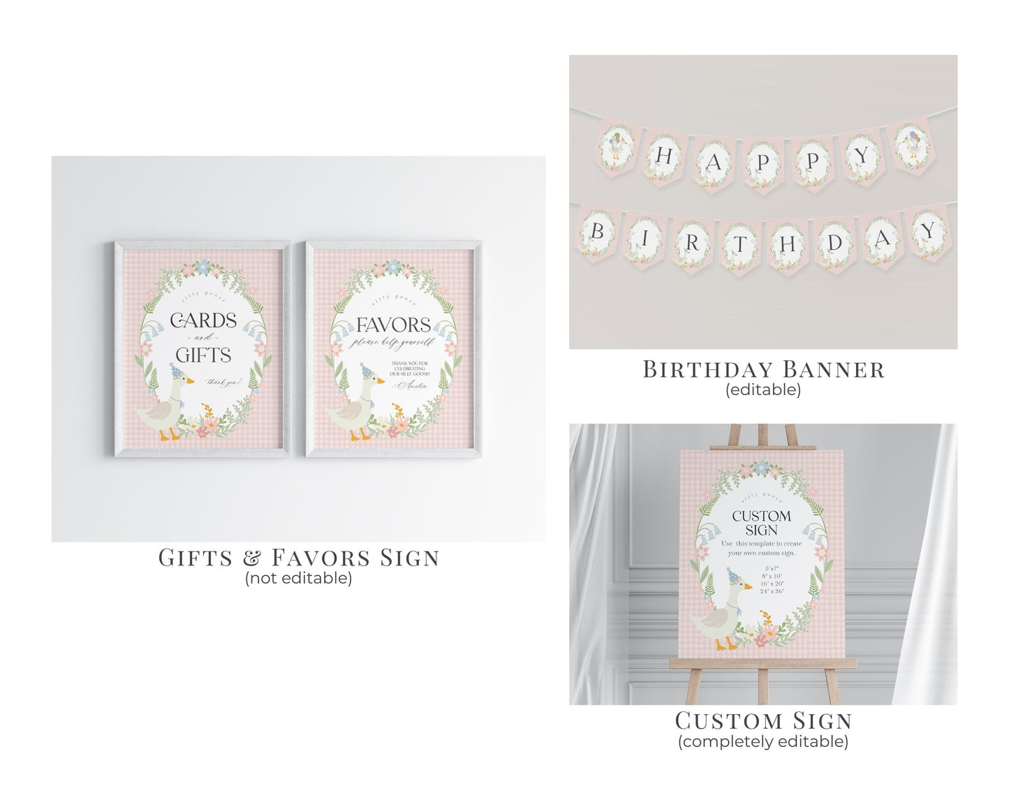 Pink Floral Silly Goose First Birthday Bundle Printable Template, Little Duck Theme 1st Birthday Girl, Pastel Floral Gingham Birthday WP1022