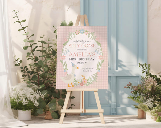 Pink Floral Silly Goose Birthday Welcome Sign Printable Template, Little Duck Theme Birthday Girl, Pastel Floral Gingham Birthday WP1022