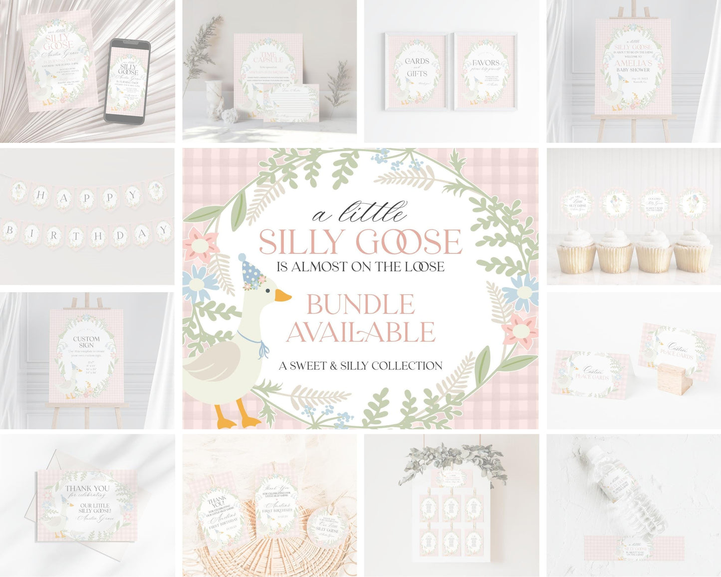 Pink Floral Silly Goose Baby Shower Banner Printable Template, Little Lucky Duck Theme Shower Girl, Pastel Gingham Baby Sprinkle WP1022