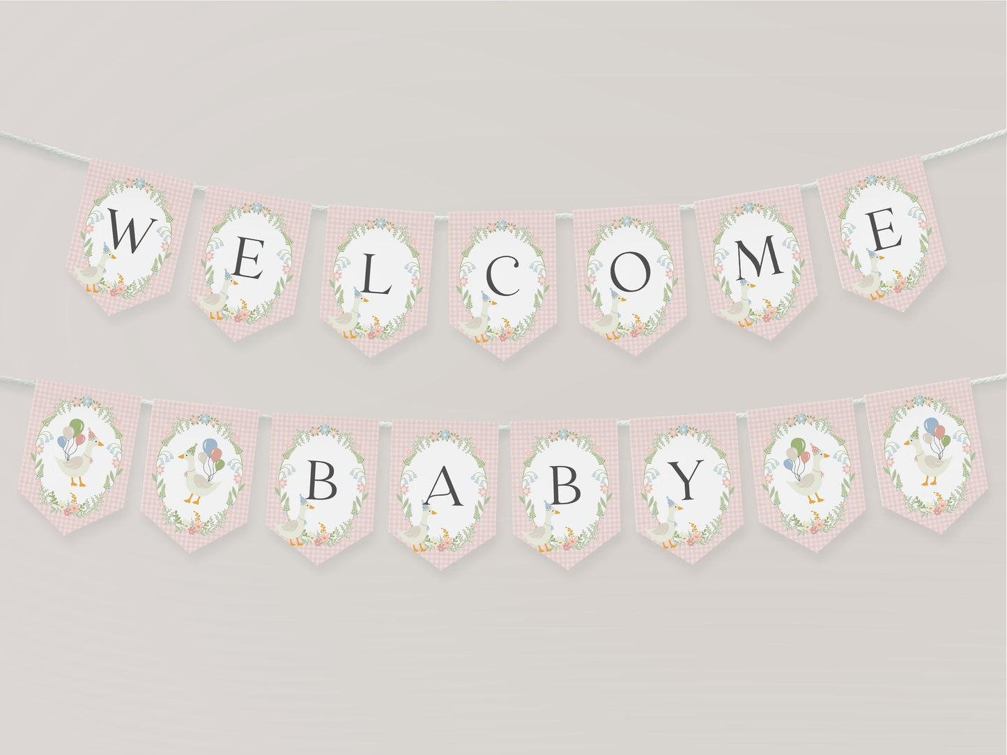 Pink Floral Silly Goose Baby Shower Banner Printable Template, Little Lucky Duck Theme Shower Girl, Pastel Gingham Baby Sprinkle WP1022