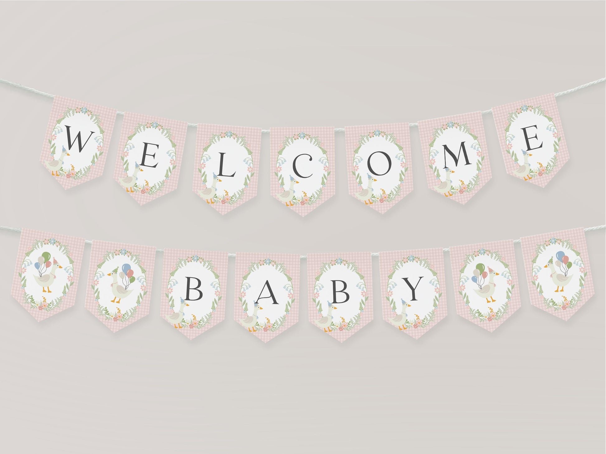 Pink Floral Silly Goose Baby Shower Banner Printable Template, Little Lucky Duck Theme Shower Girl, Pastel Gingham Baby Sprinkle WP1022