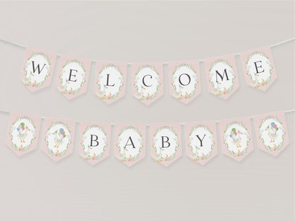 Pink Floral Silly Goose Baby Shower Banner Printable Template, Little Lucky Duck Theme Shower Girl, Pastel Gingham Baby Sprinkle WP1022