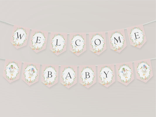 Pink Floral Silly Goose Baby Shower Banner Printable Template, Little Lucky Duck Theme Shower Girl, Pastel Gingham Baby Sprinkle WP1022