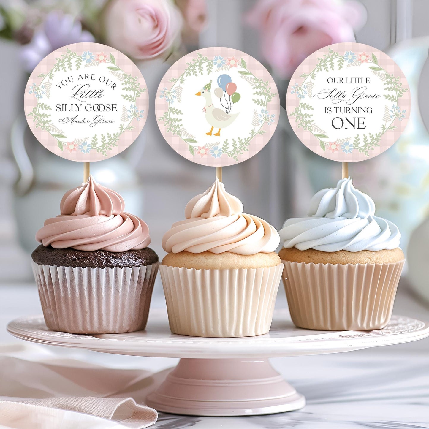 Pink Floral Silly Goose Birthday Cupcake Toppers Template, Little Duck Theme 1st Birthday Girl, Pastel Floral Gingham Birthday Decor WP1022