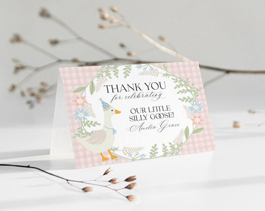 Pink Floral Silly Goose Thank You Card Printable Template, Little Duck Theme Girl Birthday Party, Pastel Gingham Baby Shower Sprinkle WP1022