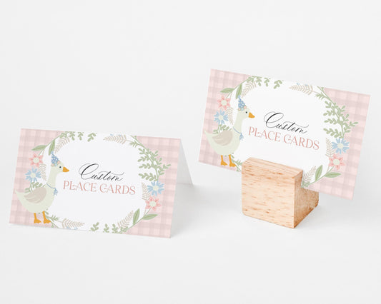 Pink Floral Silly Goose Place Cards Printable Template, Little Duck Theme Girl Birthday Party, Pastel Gingham Baby Shower Sprinkle WP1022