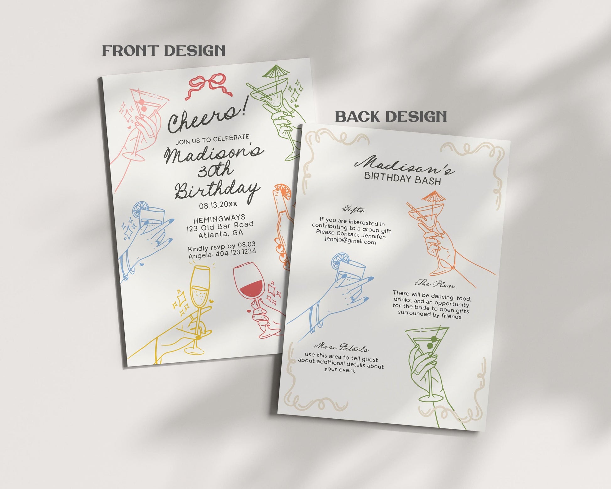 Cheers! Retro Cocktail Party Birthday Invitation Template, Colorful Hands Holding Cocktails Illustrations, Cin Cin Scribble Drawing WP1016