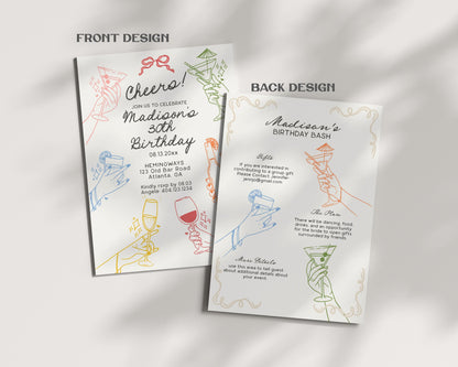 Cheers! Retro Cocktail Party Birthday Invitation Template, Colorful Hands Holding Cocktails Illustrations, Cin Cin Scribble Drawing WP1016