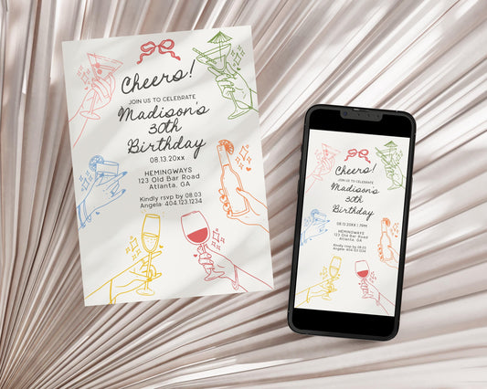 Cheers! Retro Cocktail Party Birthday Invitation Template, Colorful Hands Holding Cocktails Illustrations, Cin Cin Scribble Drawing WP1016