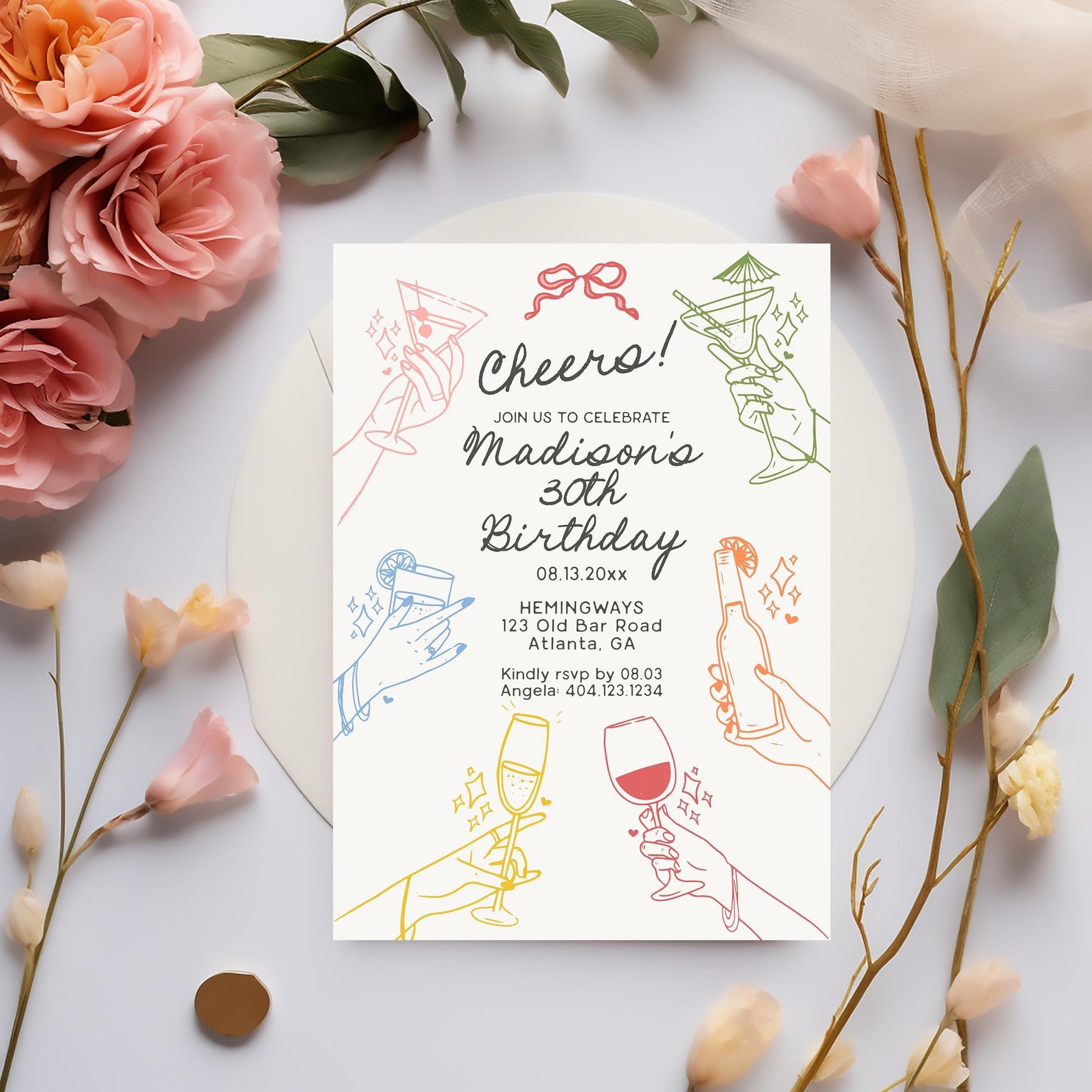 Cheers! Retro Cocktail Party Birthday Invitation Template, Colorful Hands Holding Cocktails Illustrations, Cin Cin Scribble Drawing WP1016