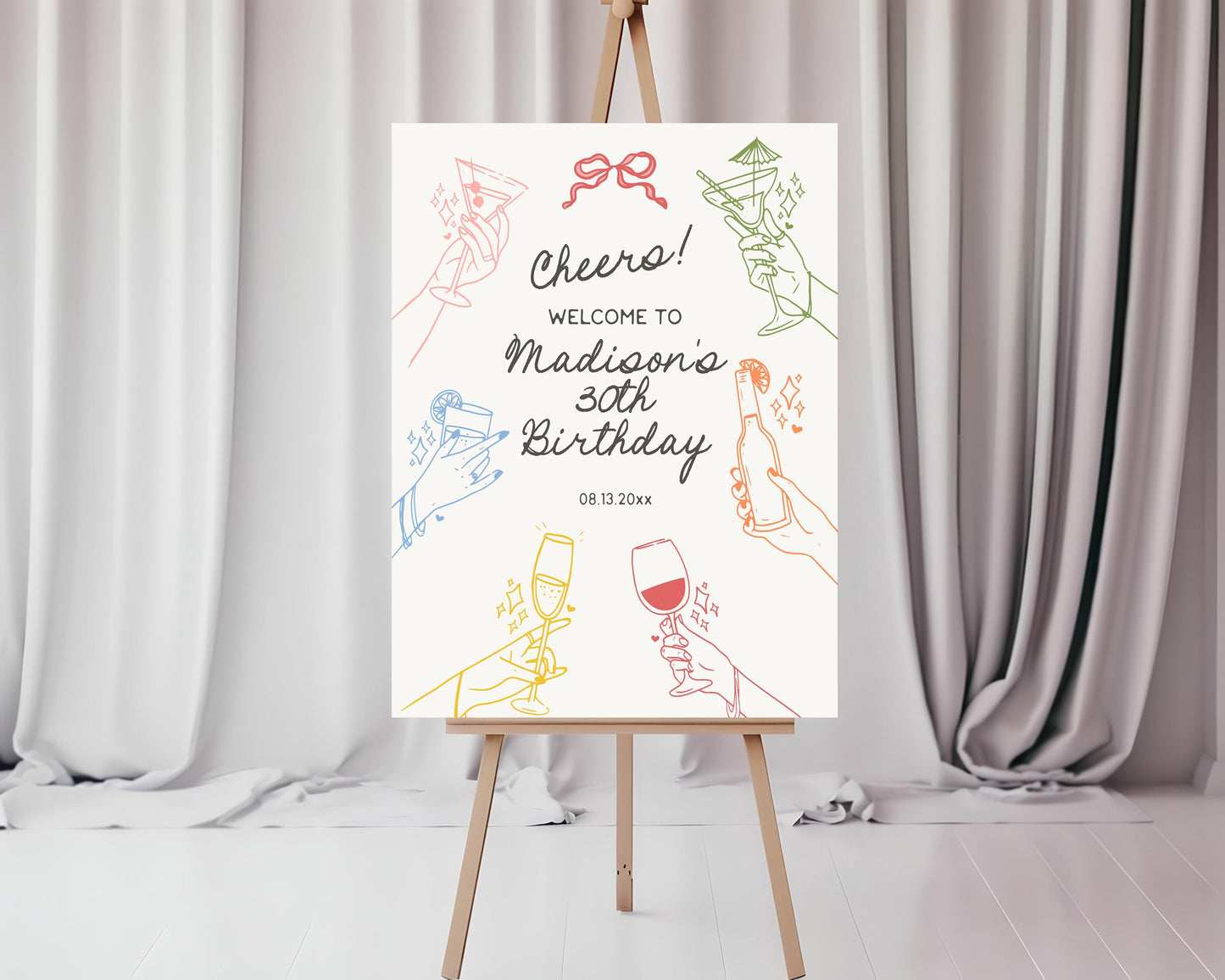 Cheers! Retro Cocktail Party Birthday Welcome Sign Printable Template, Colorful Hands Holding Cocktails Cin Cin Party Decor Scribble WP1016