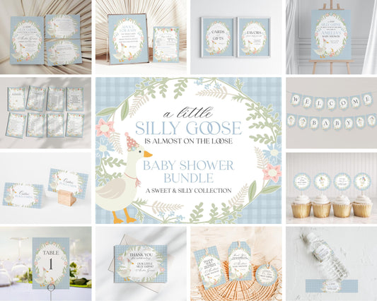 Blue Floral Silly Goose Baby Shower Bundle Printable Template, Little Duck Theme Shower Girl, Pastel Floral Gingham Baby Sprinkle WP1023