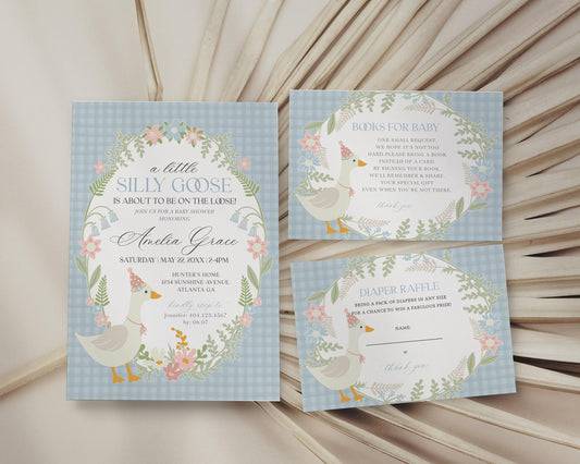 Blue Floral Silly Goose Baby Shower Invitation Printable Template, Little Duck Theme Shower Girl, Pastel Floral Gingham Baby Sprinkle WP1023