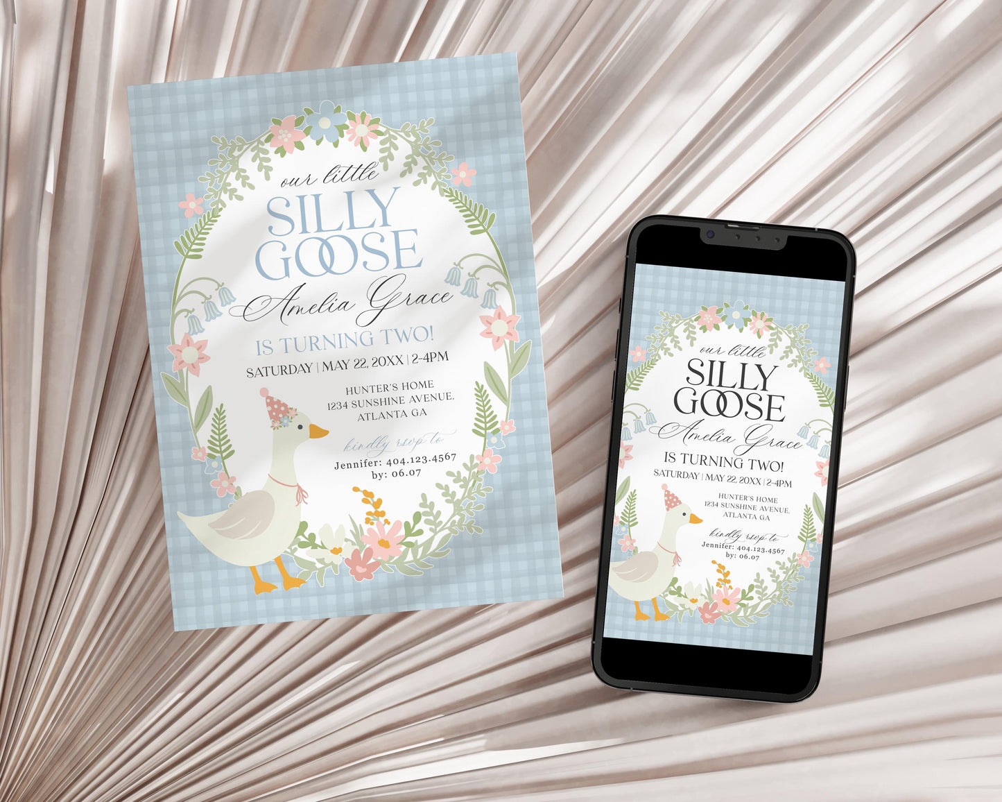 Blue Floral Silly Goose Birthday Invitation Printable Template, Little Duck Theme Birthday Girl, Pastel Floral Gingham Birthday WP1023