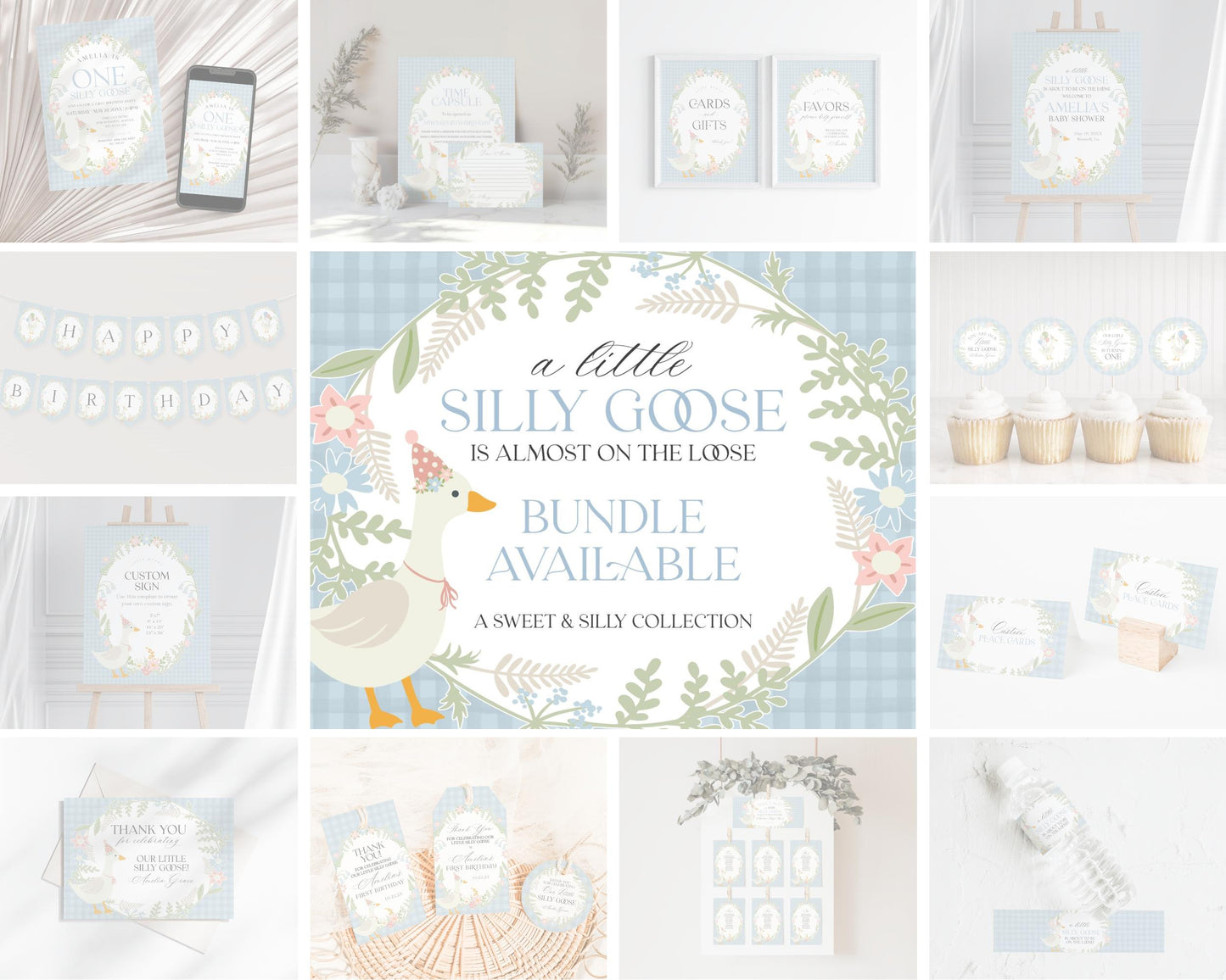 Blue Floral Silly Goose Birthday Invitation Printable Template, Little Duck Theme Birthday Girl, Pastel Floral Gingham Birthday WP1023