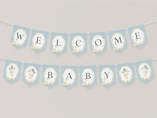 Blue Floral Silly Goose Baby Shower Banner Printable Template, Little Lucky Duck Theme Shower Girl, Pastel Gingham Baby Sprinkle WP1023