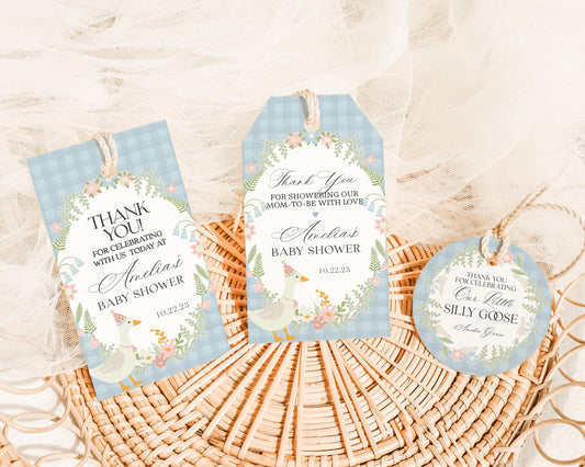 Blue Floral Silly Goose Baby Shower Favor Tags Printable Template, Little Duck Theme Shower Girl, Pastel Floral Gingham Baby Sprinkle WP1023