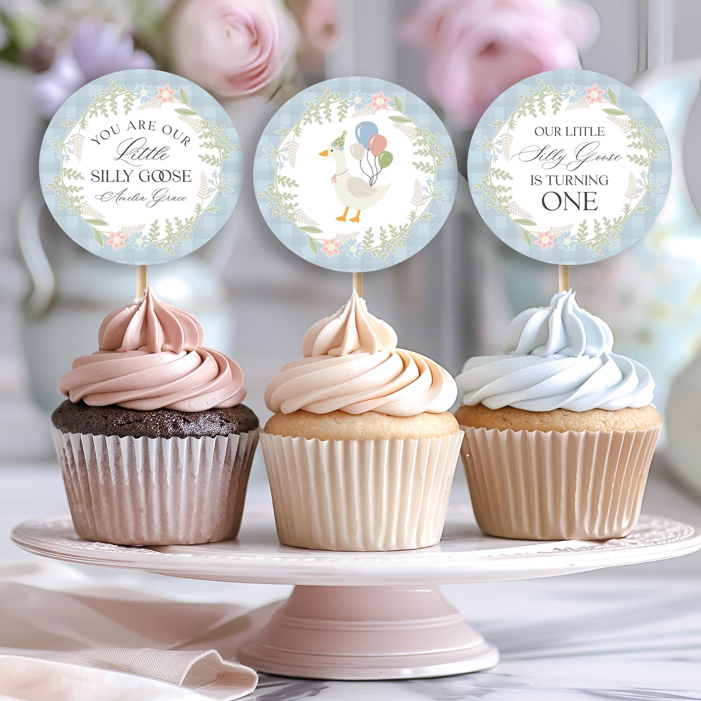 Blue Floral Silly Goose Birthday Cupcake Toppers Template, Little Duck Theme 1st Birthday Girl, Pastel Floral Gingham Birthday Decor WP1023