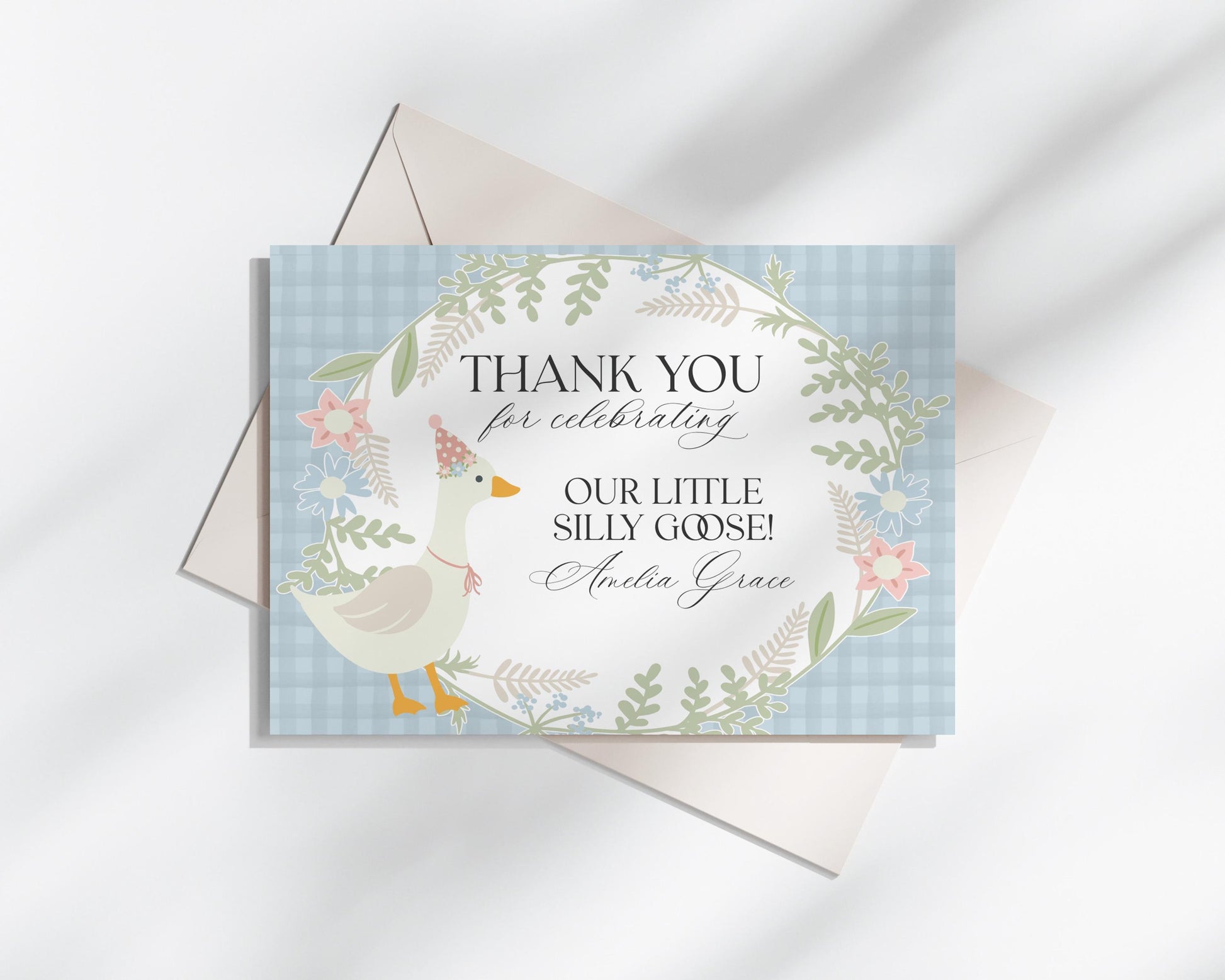 Blue Floral Silly Goose Thank You Card Printable Template, Little Duck Theme Girl Birthday Party, Pastel Gingham Baby Shower Sprinkle WP1023