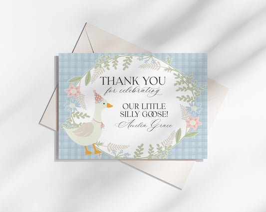 Blue Floral Silly Goose Thank You Card Printable Template, Little Duck Theme Girl Birthday Party, Pastel Gingham Baby Shower Sprinkle WP1023