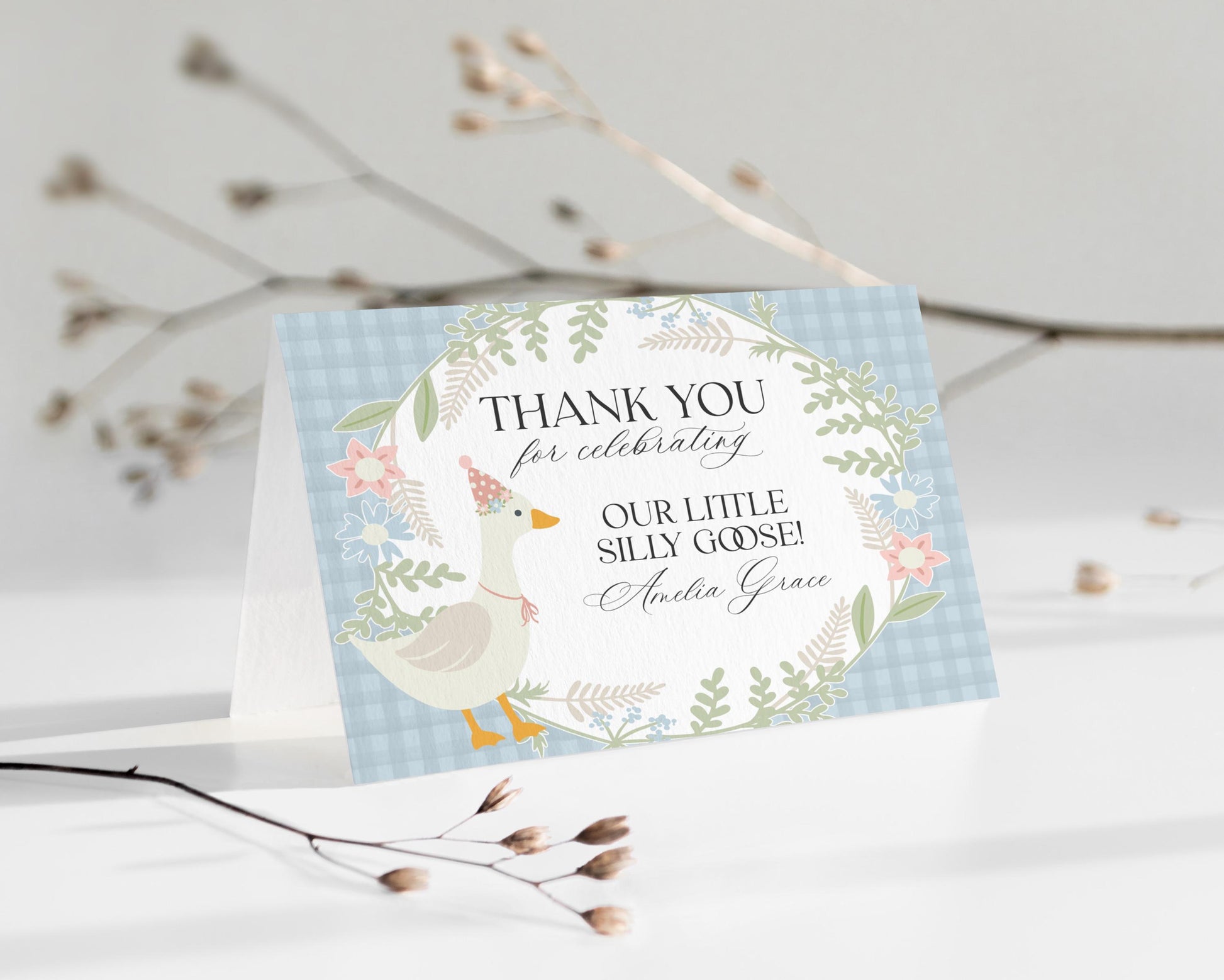 Blue Floral Silly Goose Thank You Card Printable Template, Little Duck Theme Girl Birthday Party, Pastel Gingham Baby Shower Sprinkle WP1023